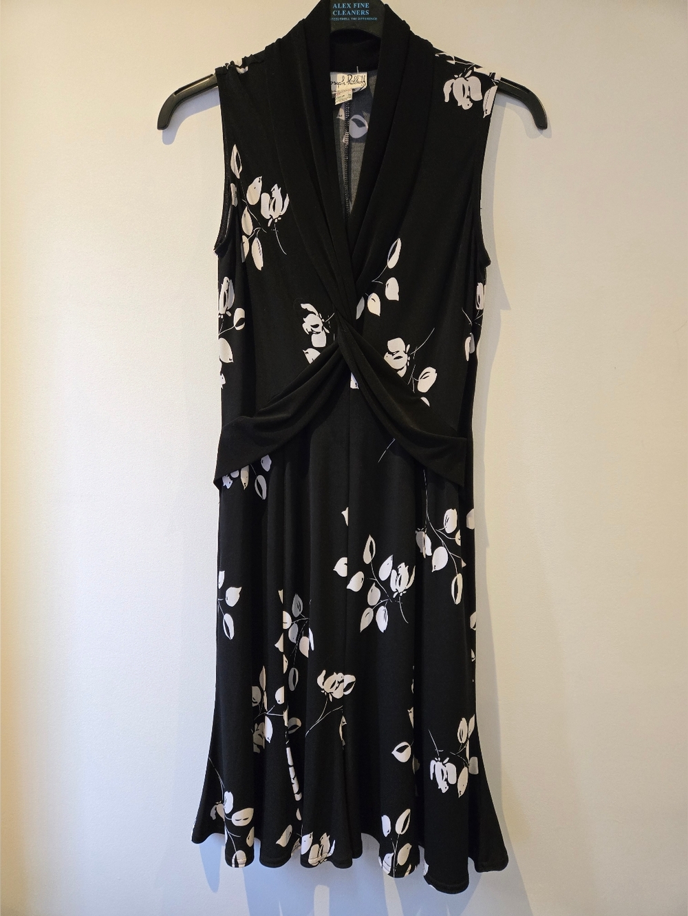 Joseph Ribkoff Black and White Floral Twist-Front Midi Dress